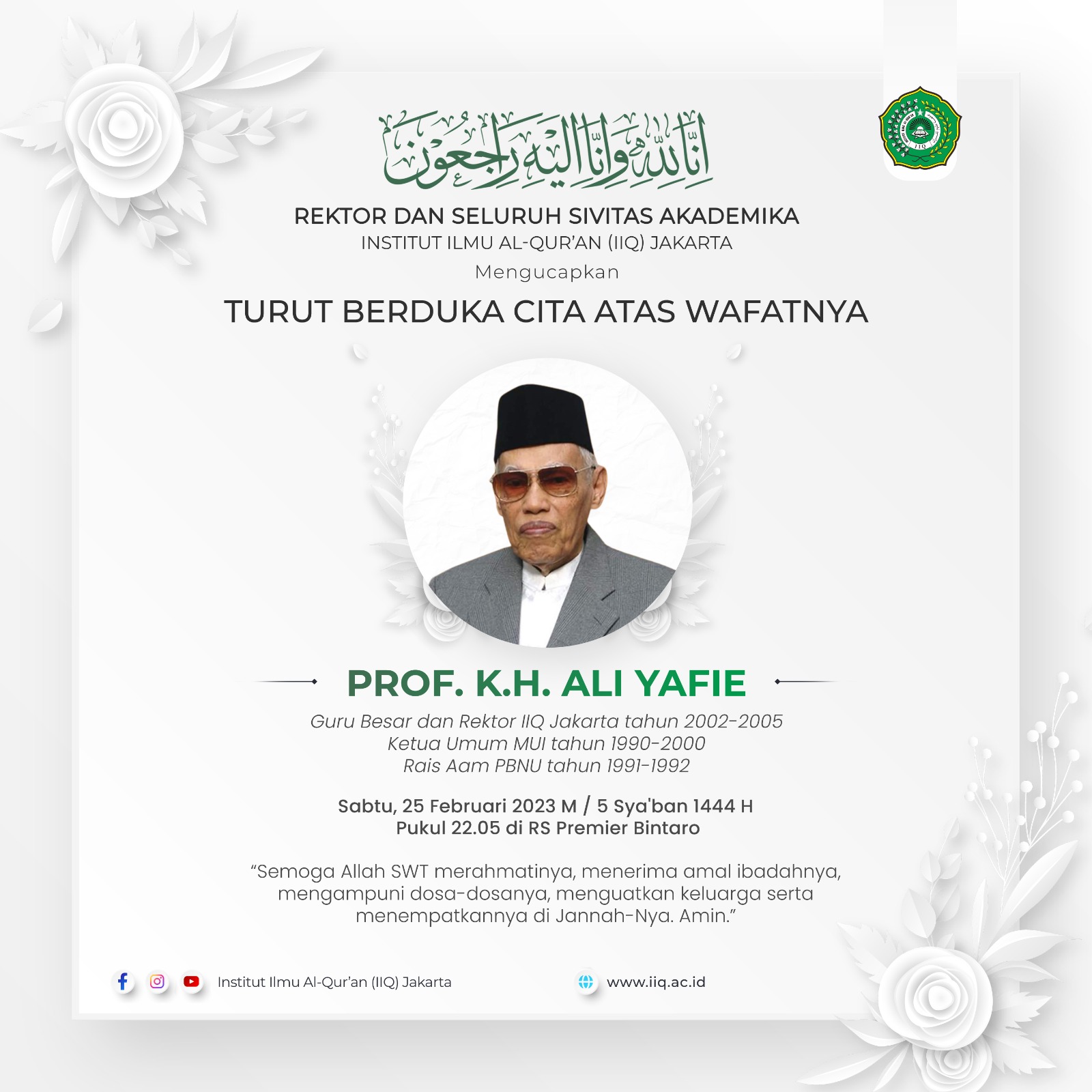 Rektor IIQ Periode 2002-2005 KH. Alie Yafie Tutup Usia